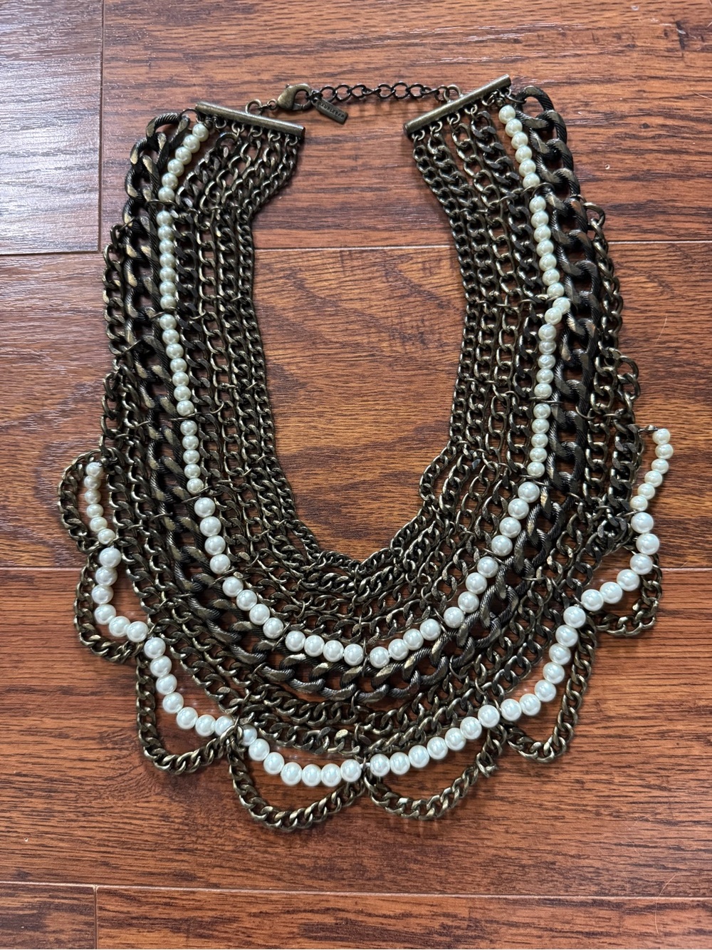 BaubleBar Bronze Multi Strand Chain Faux Pearl Statement Bib Necklace Jewelry